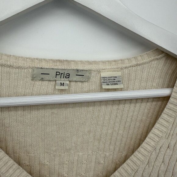 Pria Beige Cable Knit Cotton V Neck Sweater Y2k Size Medium - Picture 6 of 9